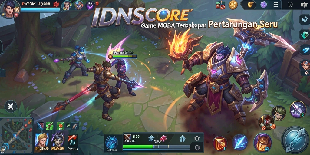 Tampilan gameplay seru IDNSCORE dalam aksi pertempuran MOBA.