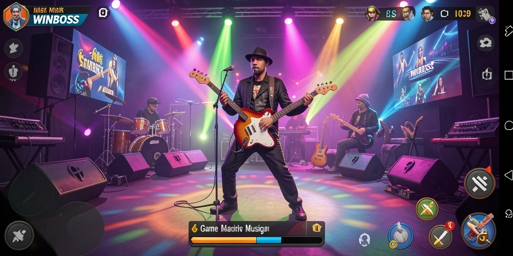Screenshot utama WINBOSS menampilkan gameplay musik yang dinamis.